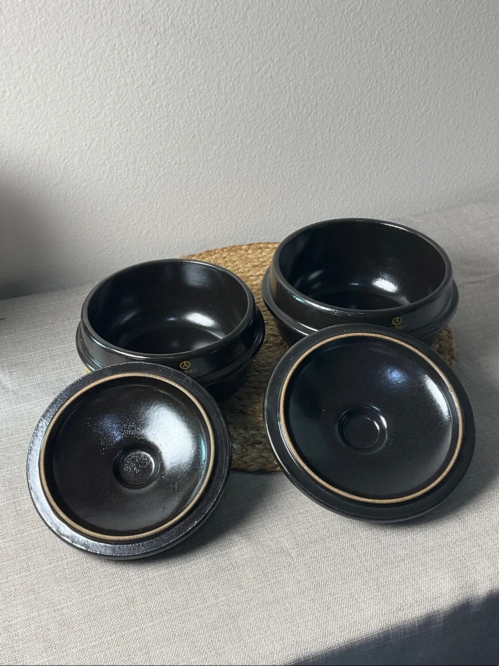Vintage Korean Shinil Ttukbaegi Clay Pot Set 2 Stoneware Soup Bowls w/Lids